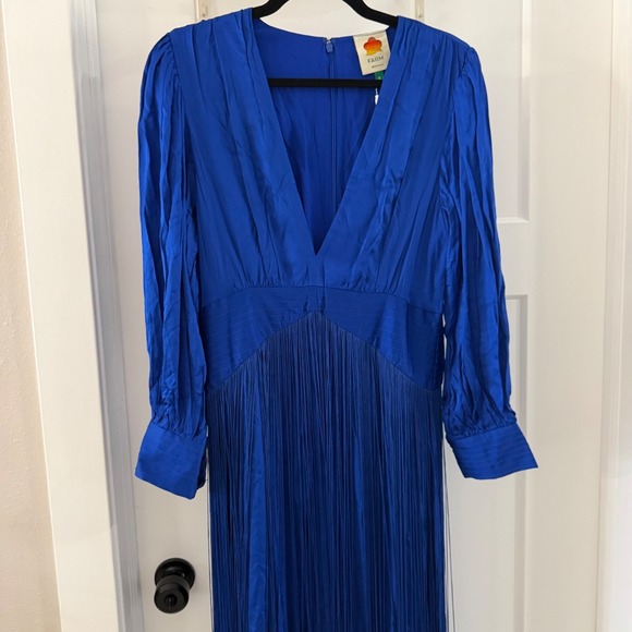 Farm Rio Bright Blue Fringes Maxi Dress Long Sleeve VNeck Beaded Size S Boho NWT